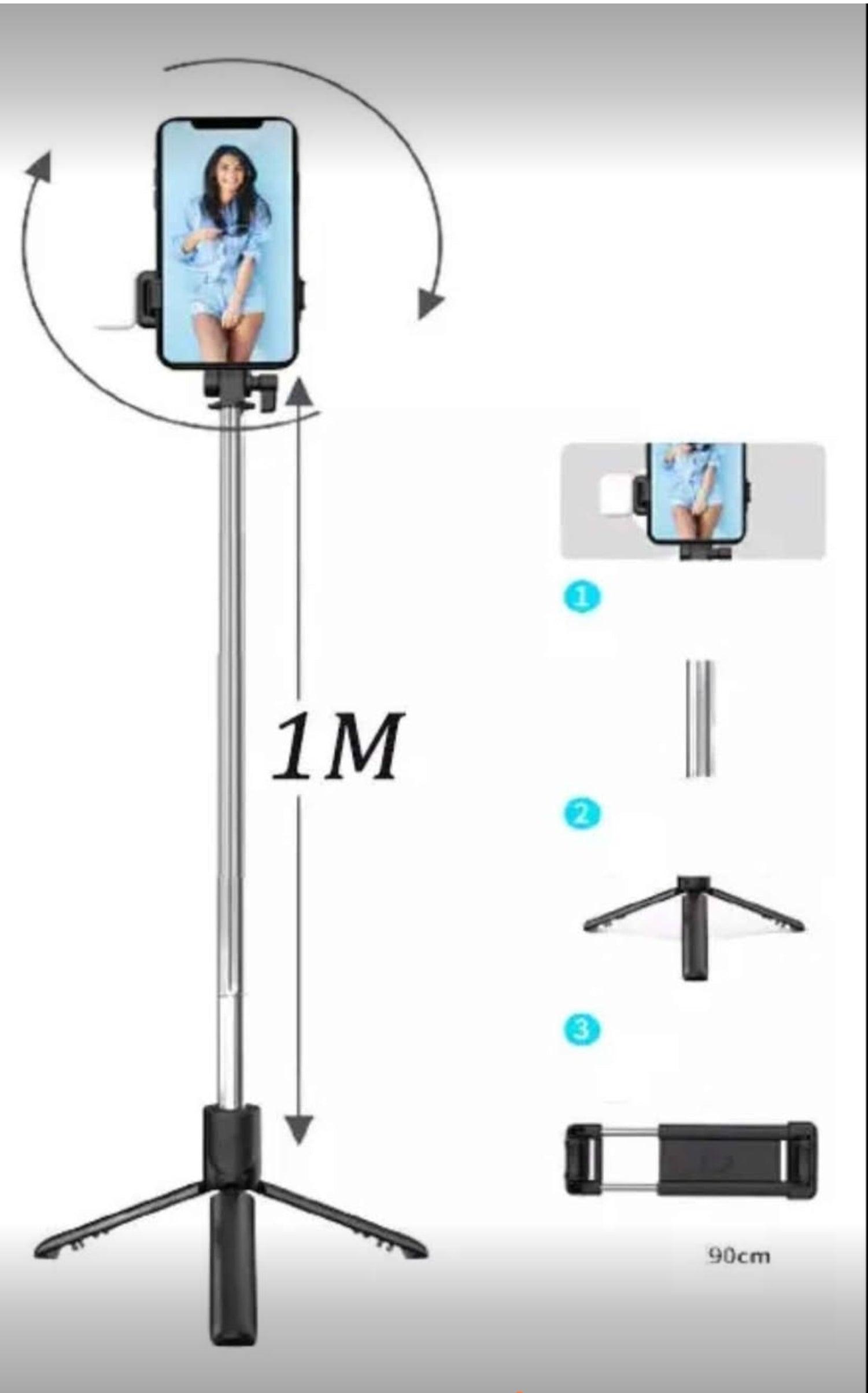 Palo Selfie con Luz LED, Trípode y Control Remoto Bluetooth