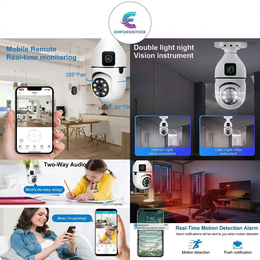 Cámara Bombillo Doble Lente WiFi 360° – Seguridad Inteligente para tu Hogar