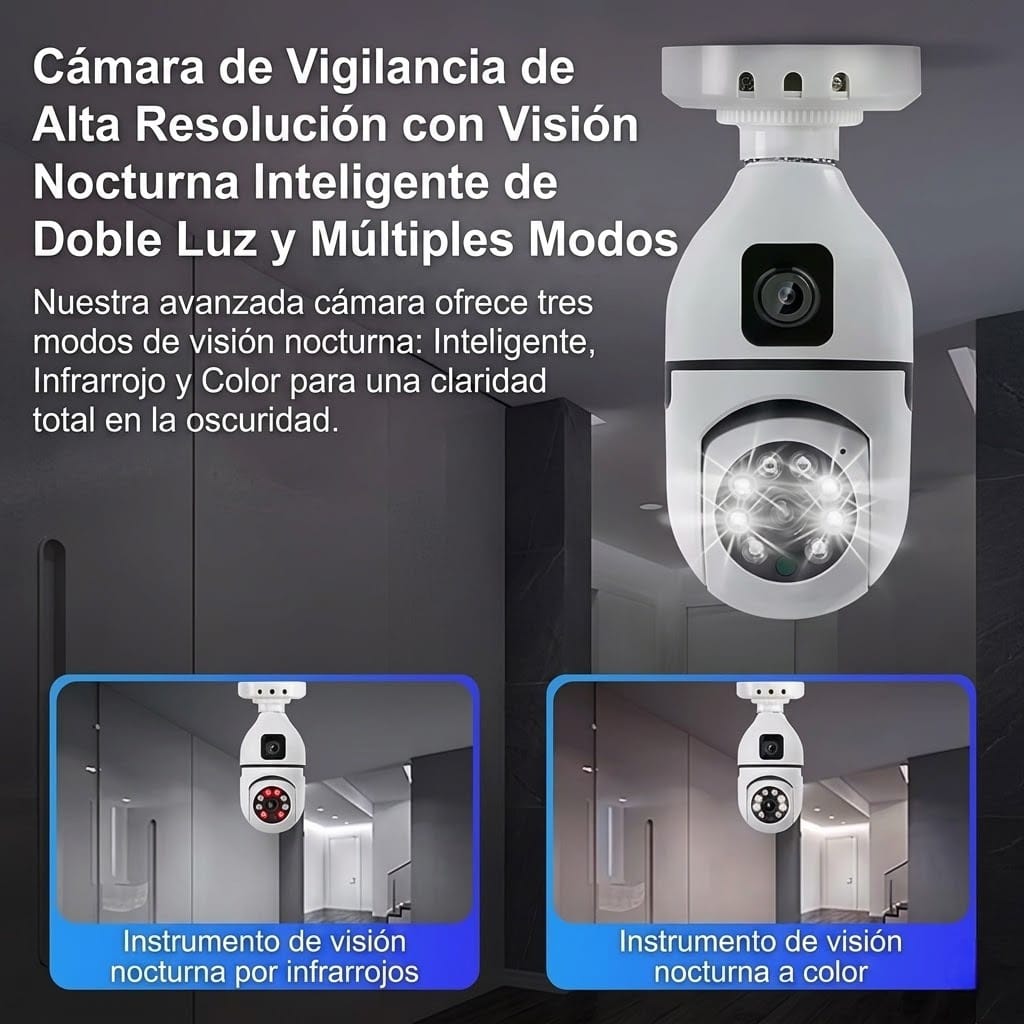 Cámara Bombillo Doble Lente WiFi 360° – Seguridad Inteligente para tu Hogar