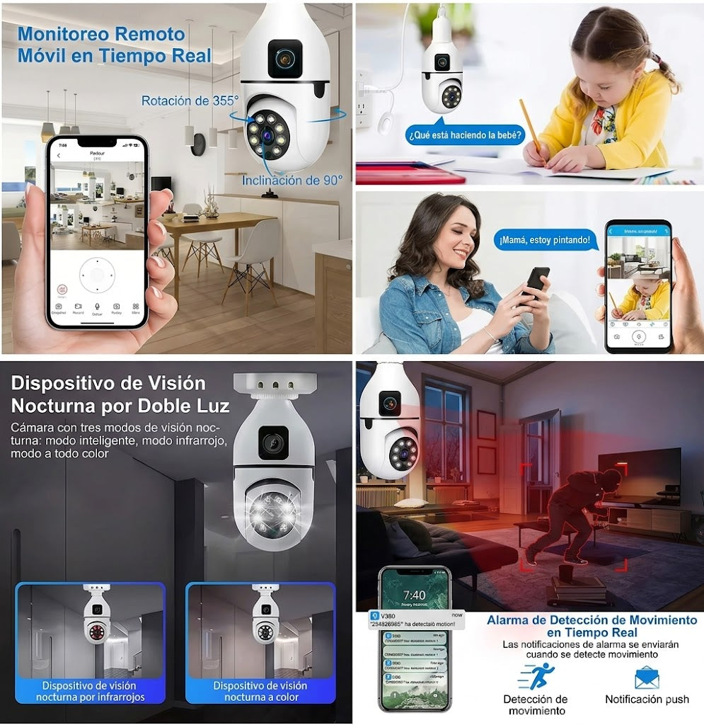 Cámara Bombillo Doble Lente WiFi 360° – Seguridad Inteligente para tu Hogar