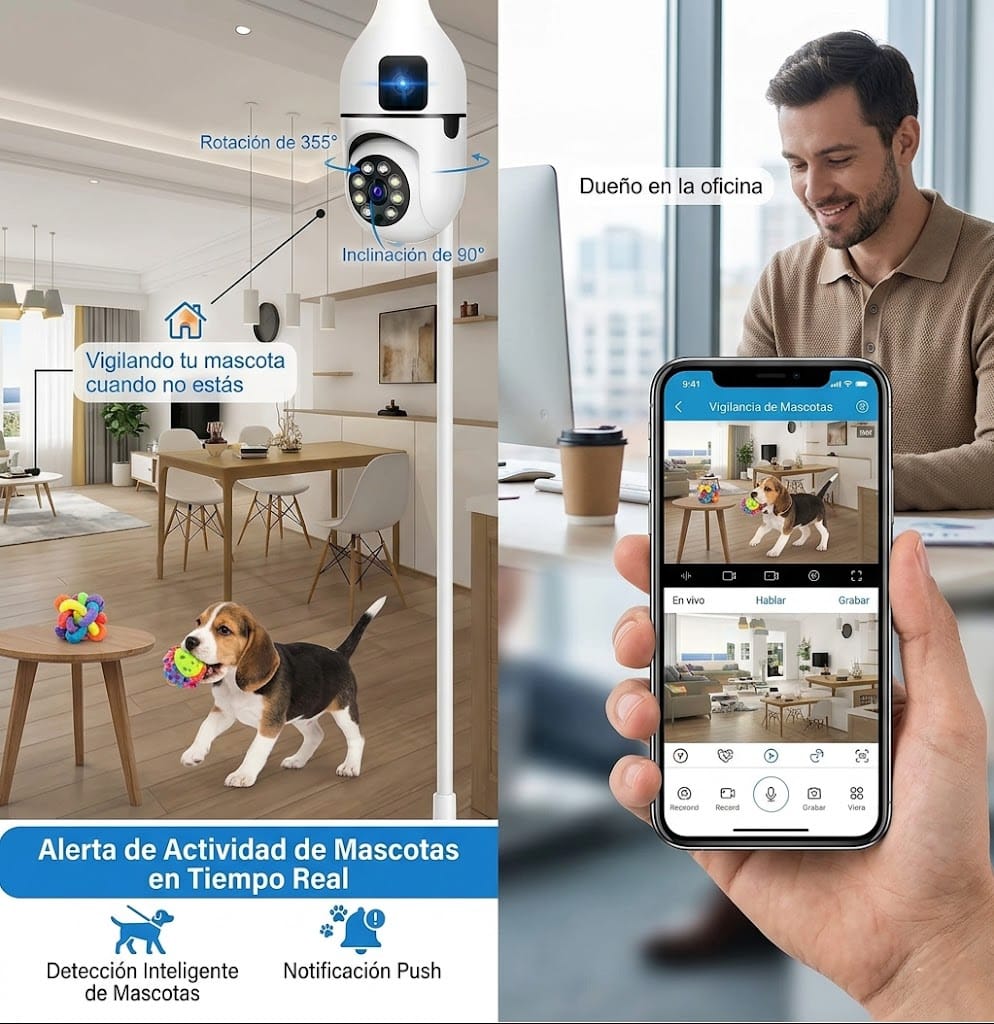 Cámara Bombillo Doble Lente WiFi 360° – Seguridad Inteligente para tu Hogar