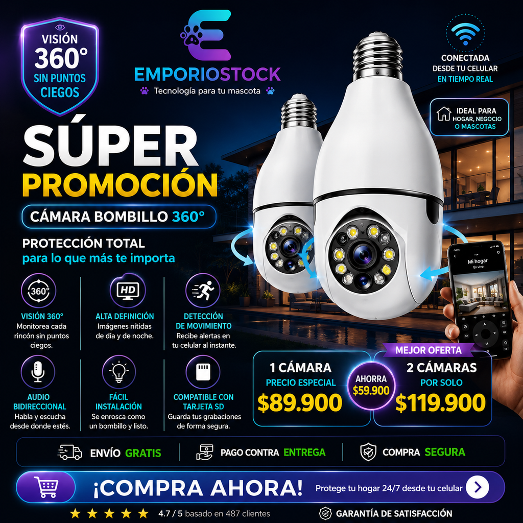 Combo x2🔥 Oferta Especial | 2 Cámaras Bombillo WiFi 360° Full HD por solo $119,900