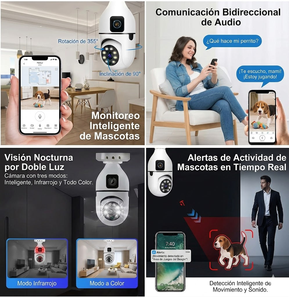 Cámara Bombillo Doble Lente WiFi 360° – Seguridad Inteligente para tu Hogar