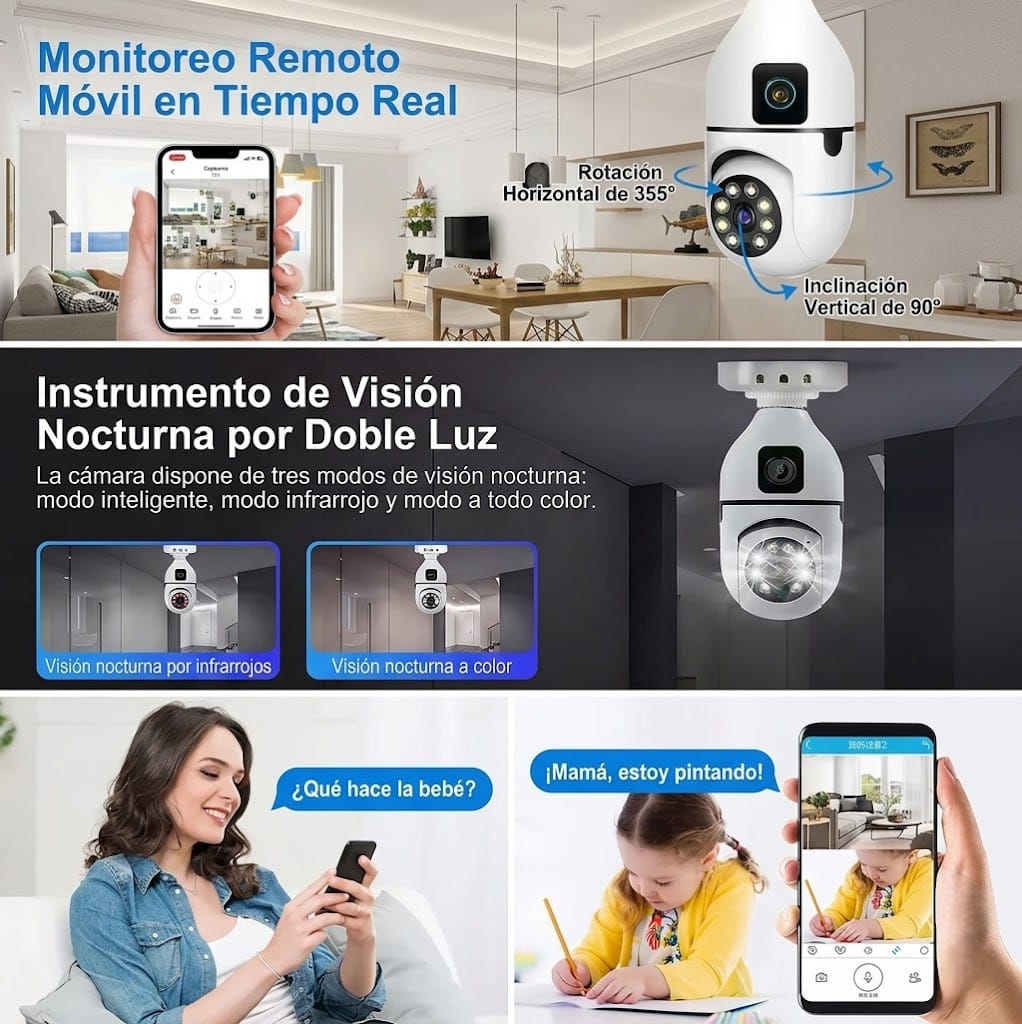 Cámara Bombillo Doble Lente WiFi 360° – Seguridad Inteligente para tu Hogar