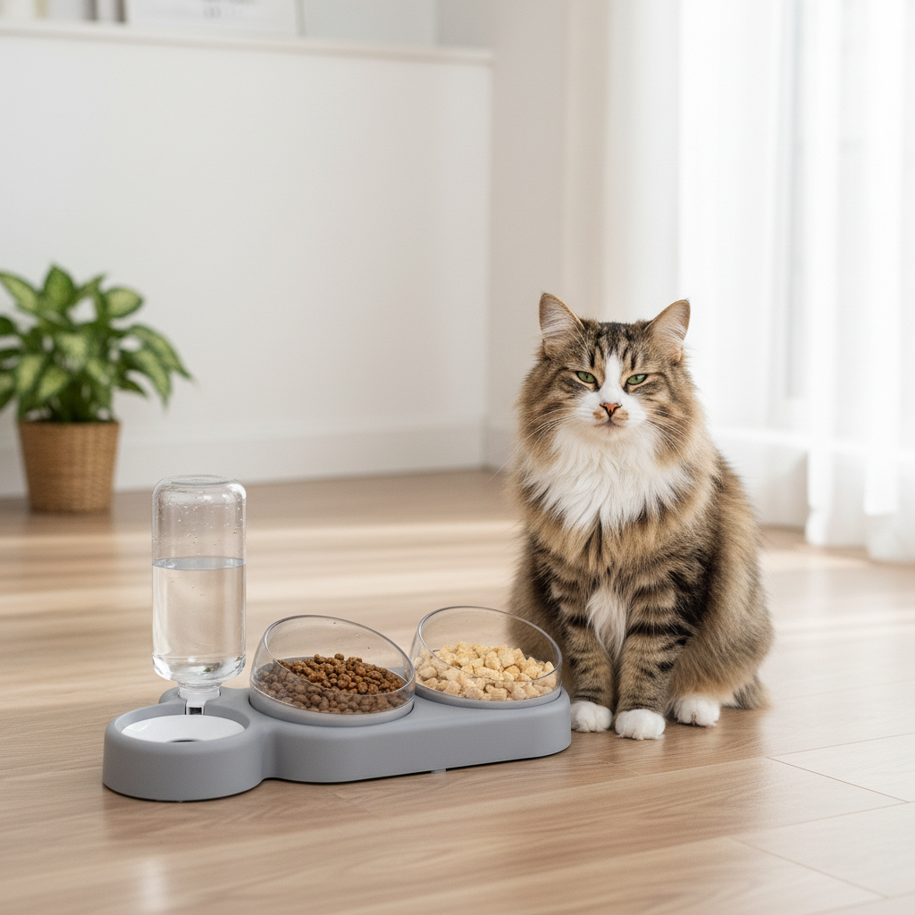 Comedero 3 en 1 para Gatos – Cuenco Giratorio 360°, Agua y Comida Seca y Húmeda